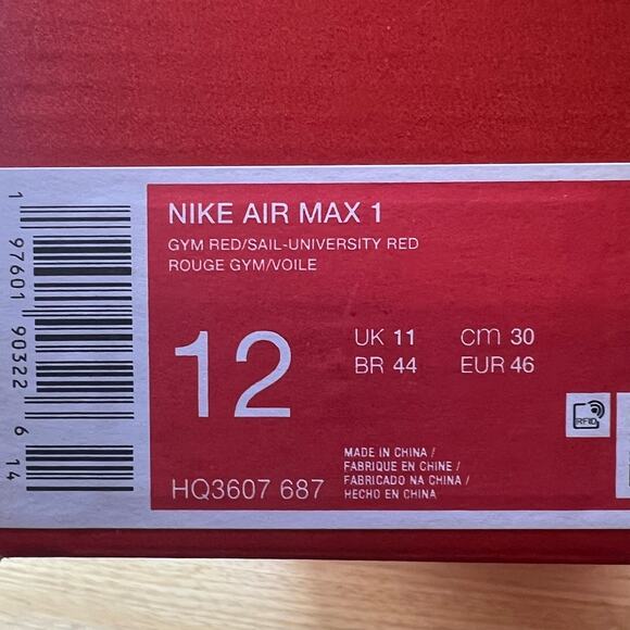 Nike Air Max 1 Men's Sz 12 Shoes HQ3607 687 Gym Red/University Red/Light Crimson - Picture 10 of 10